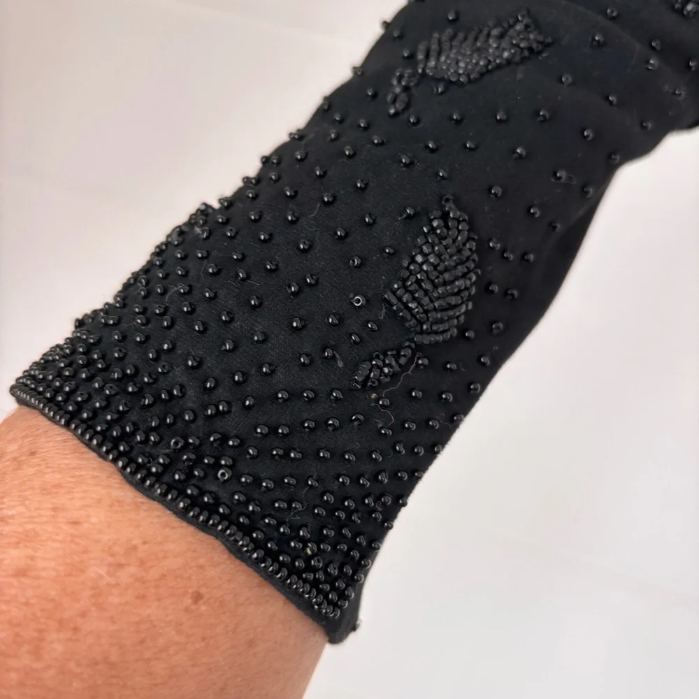 Vintage Black Beaded Cotton Women's Dress Gloves Size 7